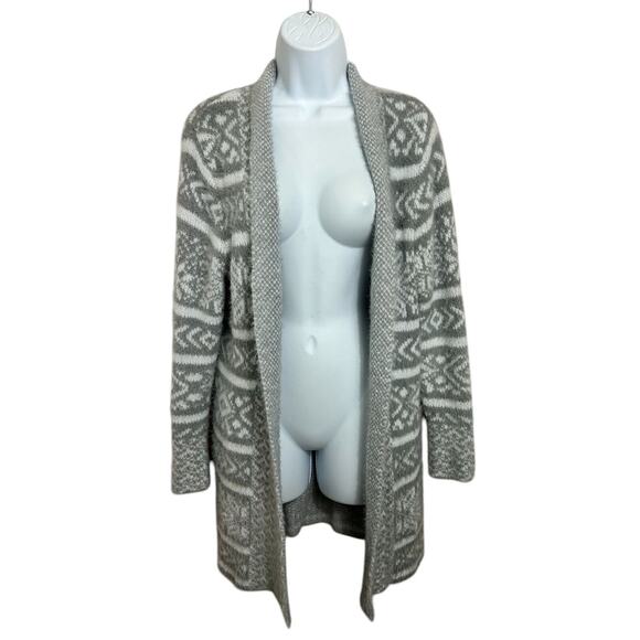 Westport Fuzzy Cardigan Sweater Sz Medium Gray White Fair Isle Long Fit Open - Picture 2 of 6